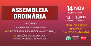 Edital de convocação para Assembleia Geral da Adufmat-Ssind - 14/11 (quinta-feira), às 13h